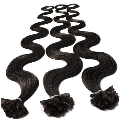 Pre bonded hair extensions natural black wavy 18"