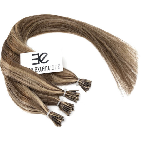 Micro ring hair extensions chestnut with blonde highlights straight 18"